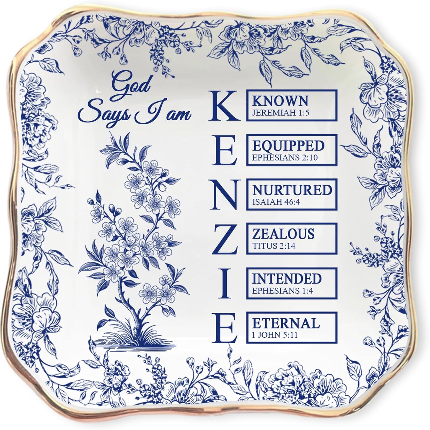 Personalized God Says I Am Toile De Jouy - Name Letter In Bible Verse Jewelry Dish - Custom Birth Flower Jewelry Dish - Christian Gift - Religious Affirmations Gifts