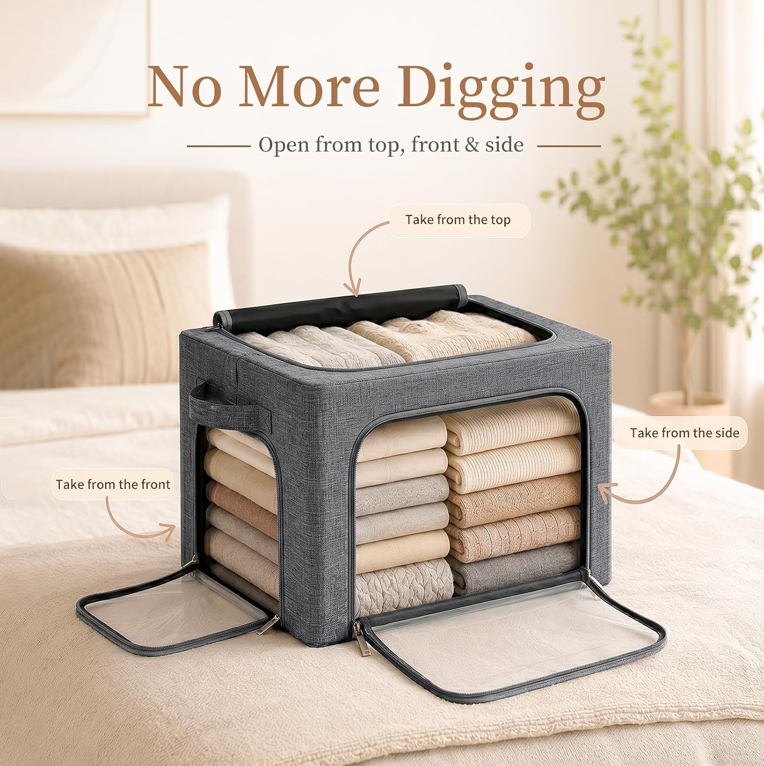 GoMaihe 3 Opening Clothes Storage Bins with Metal Frame 3 Pack 40L Grey | Sweaters Hoodies Towel T-Shirt, Closet Top Shelf Linen Closet Organizer, Stackable Collapse-Proof, Clear Window, Dual Access