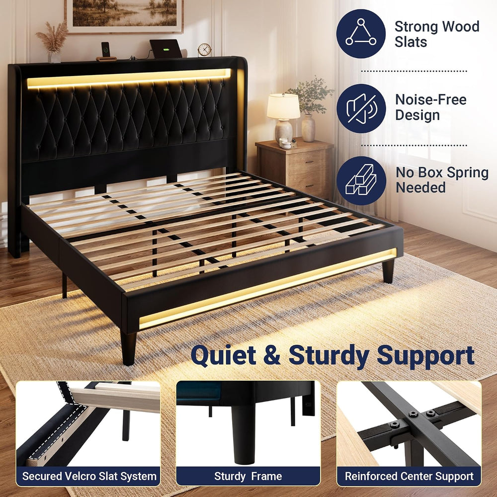 Allewie King Size Upholstered Bed Frame with LED & Charging Station, Black