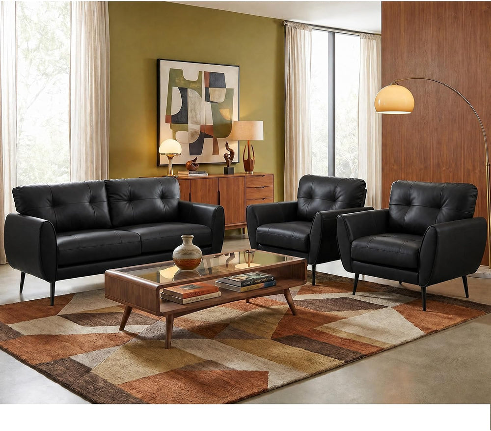61'' Small Leather Loveseat and Chair, 3 Piece Living Room Sets, Black