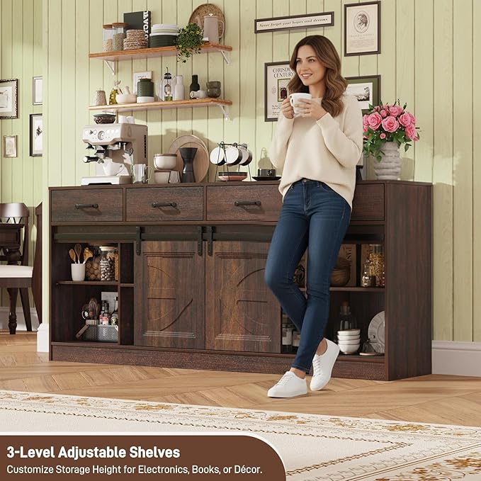 St.Mandyu 70" Large Farmhouse TV Stand for 85/80/75/70 Inch TVs w/4 Drawers,Rustic Tall Media Console w/Sliding Barn Door, Adjustable Shelves,Tall Entertainment Center for Living Room,Brown