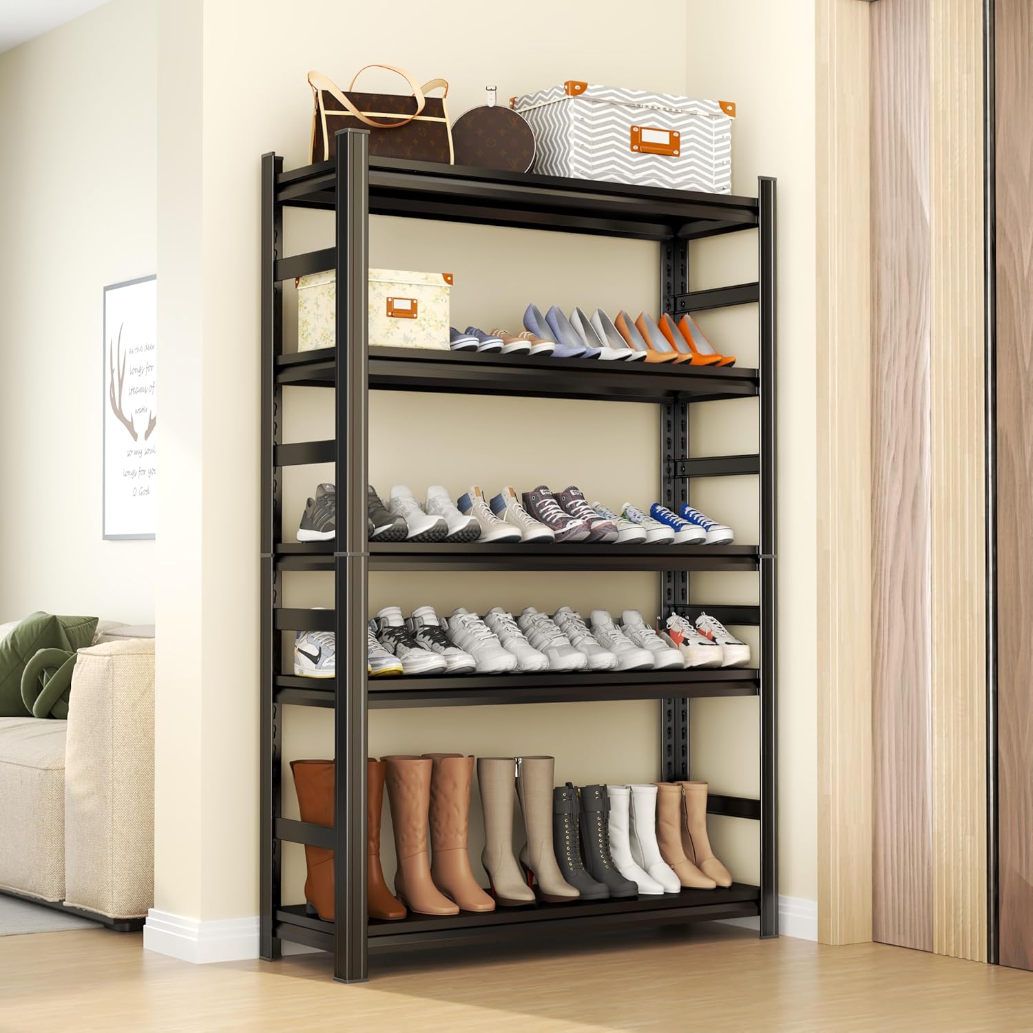 Storage Shelves, Garage Metal Shelving Unit, Adjustable, Double-Layer Column with Reinforced Ribs, Heavy-Duty, Capable of Bearing 600-3600 lbs (Black, 45''W*16''D*63''H, 5-Tier)