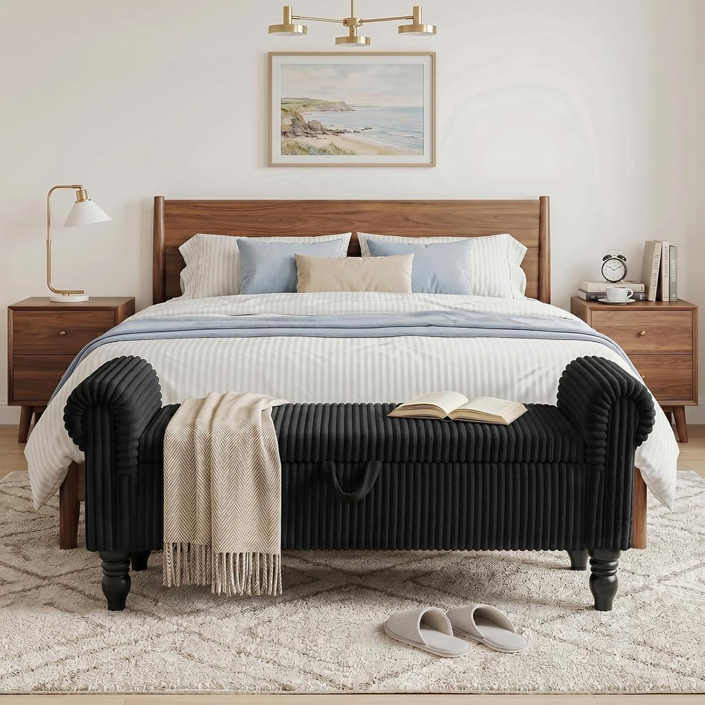 55" Storage Ottoman Bench, Corduroy End of Bed Bench for Bedroom, Black ...