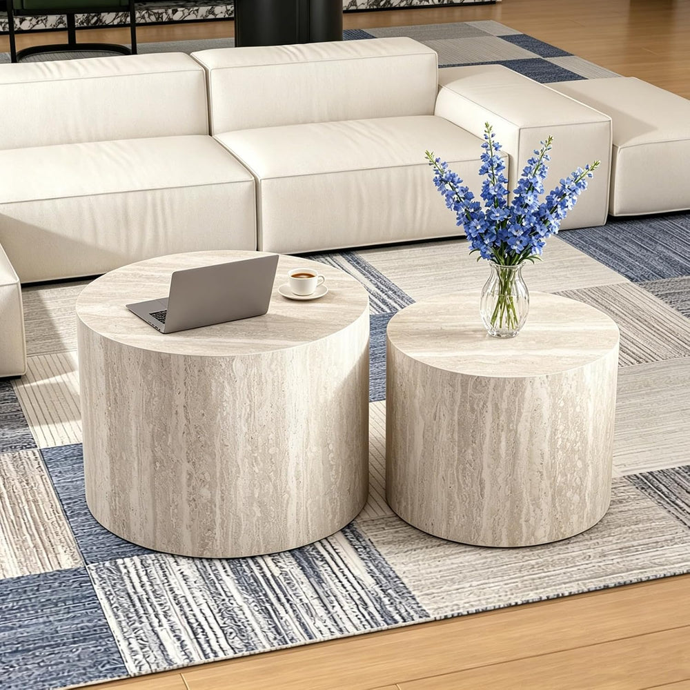 Modern Nesting Coffee Table Set of 2 Round Travertine Finish Nesting Tables S...