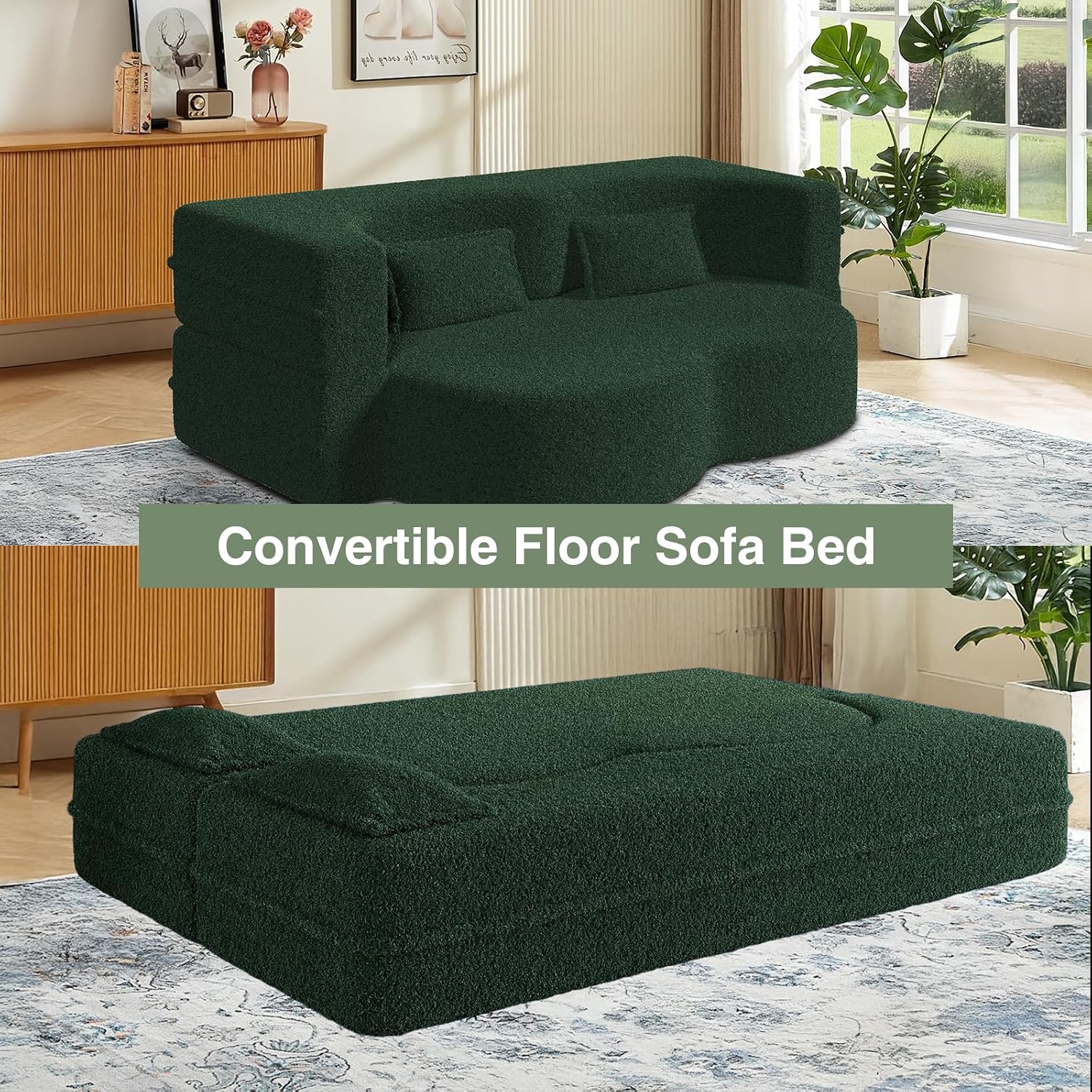 78" Convertible Folding Sofa Bed, 2-in-1 Full Size Floor Boneless Couch Bed, Loveseat sleeper Couch , Teddy Floor Sofa, Memory Foam Sleeper SofaBed, Small couches for small spaces, No Assembly (Green)