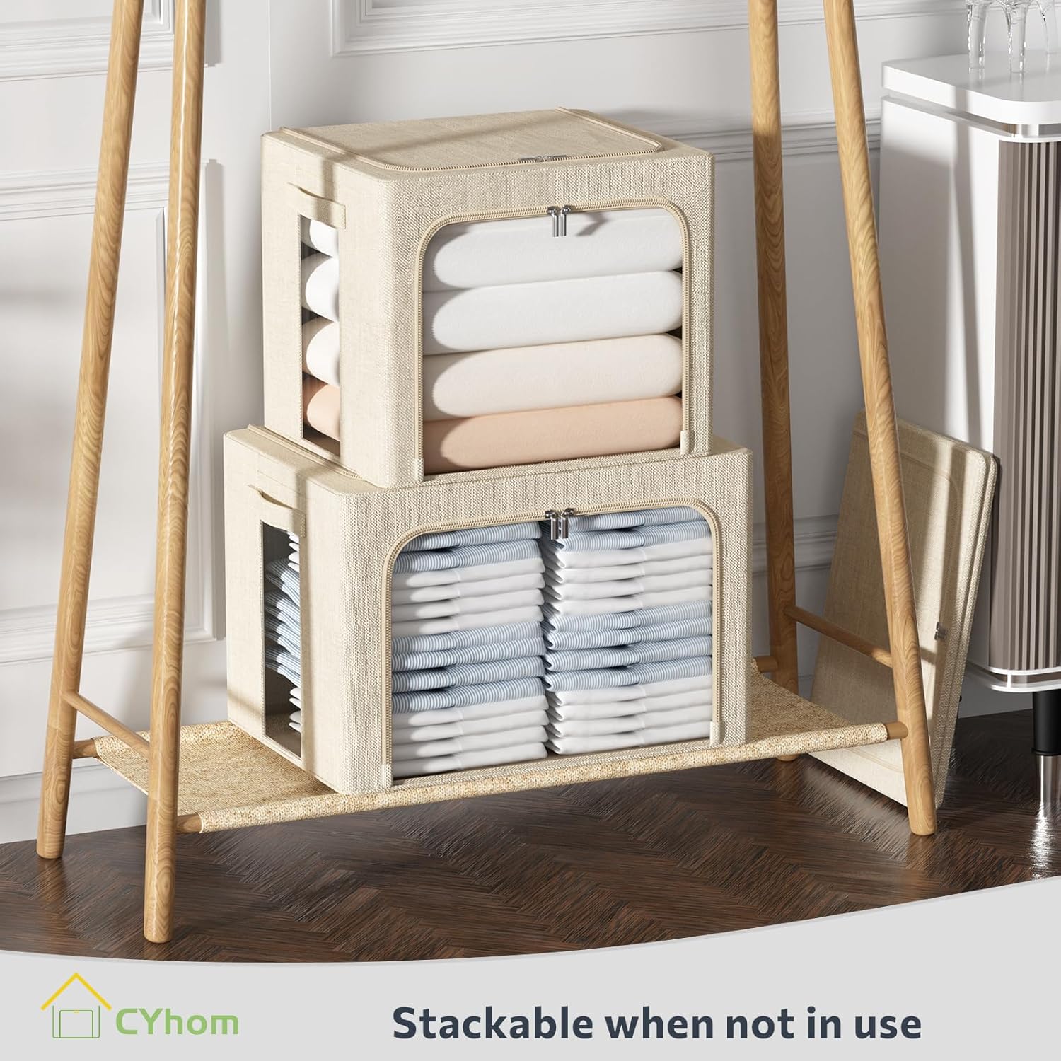CYhom Clothes Storage Bins Box - Linen Fabric Foldable Stackable Container Organizer Set with Clear Window & Carry Handles & Metal Frame for Bedding, Blankets, Books (Beige, Medium-36L)