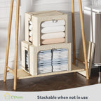 CYhom 3Pack Foldable Storage Bins - Frame Storage Box Linen Fabric Stackable Clothes Container Organizer with Clear Window & Carry Handles Large Capacity (Medium-36L, Beige)