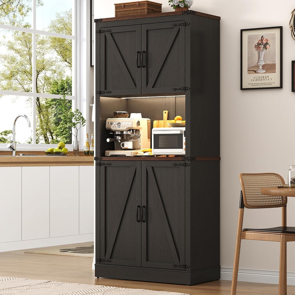 72" Tall Farmhouse Kitchen Pantry Cabinet with LED Light and Power Outle...