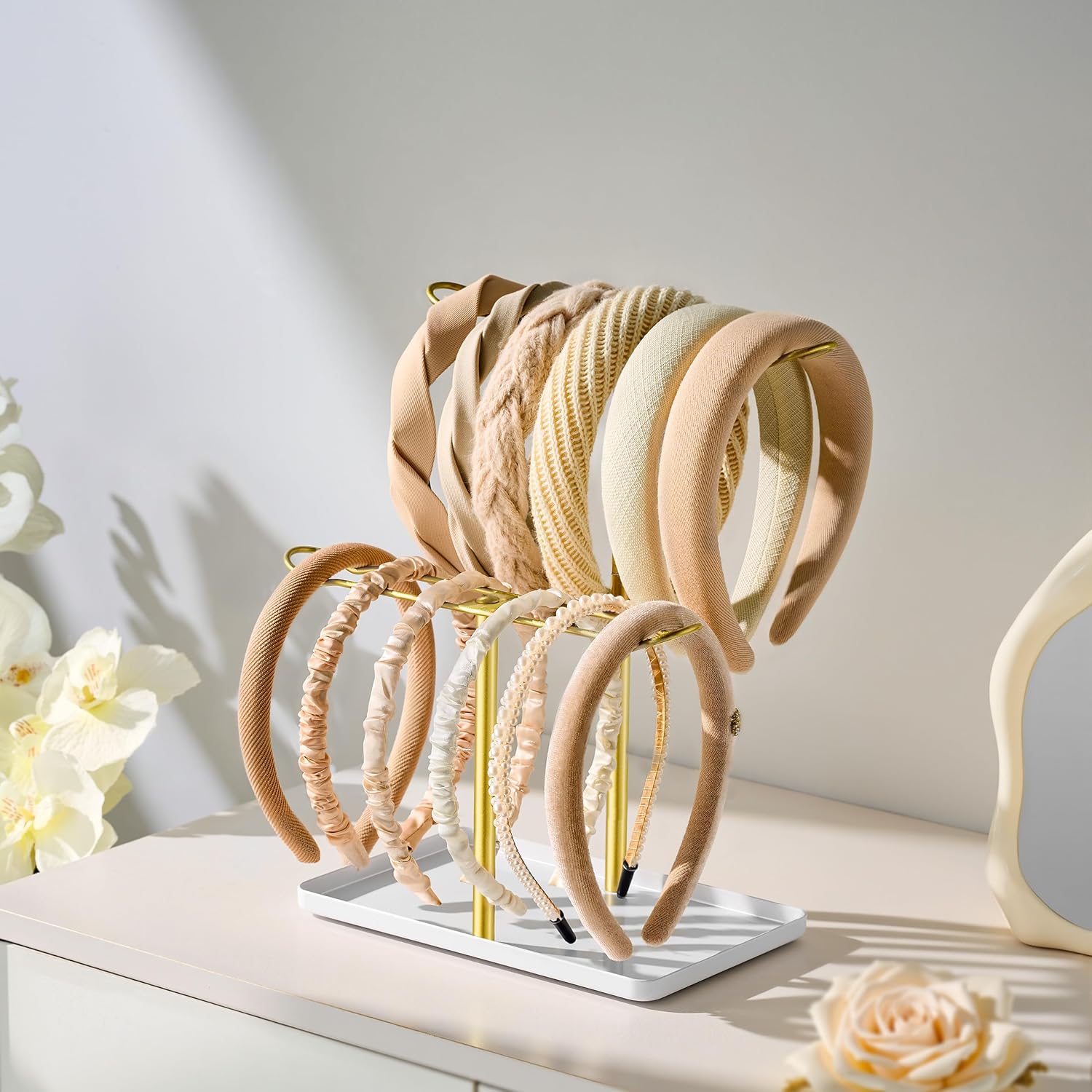 Headband Holder Organizer, 2-Tier T-bar Storage Stand with Tray for Hair Accessories Hairband Hair Clip, for Girls Women, Gold & White