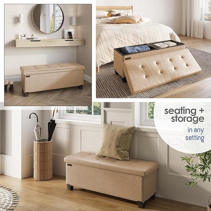 STORAGEBUD Storage Ottoman Bench with Bins, 43-in Storage Bench for Bedroom End of Bed, Folding Foot Rest Ottoman for Living Room Max 660lbs, Faux Leather Ottomans, Taupe