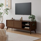 Ball & Cast 59" Mid Century Modern TV Stand for TVs up to 65", Media Console with Rattan Sliding Doors, 2 Open Shelves & Solid Wood Legs, Entertainment Center for Living Room,Bedroom,Walnut