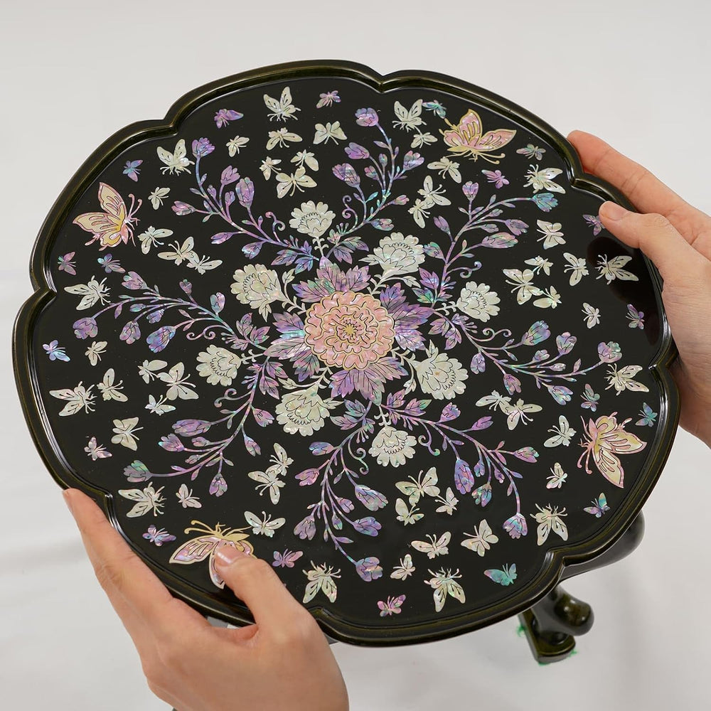 February Mountain Mother of Pearl Tray Table – Round Tea Table with Floral Bu...