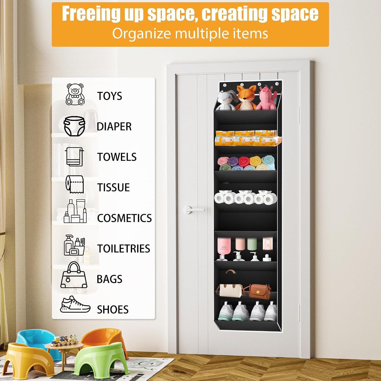 KYEVIS Over The Door Shoe Organizer Storage Fit 16-24 Pairs Hanging Shoe Rack Organiser for Closet Door, Deep Pocket Shoe Holder for Sneakers,Boots Storage(1 Pack Black)