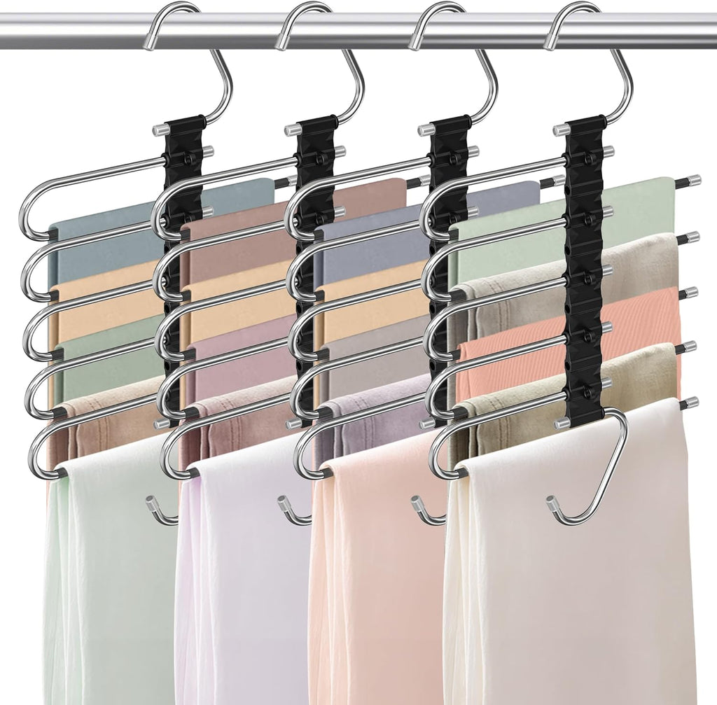 Upgrade Pant Hangers Space Saving, Non Slip Stainless Steel Multifunctional Pants Rack S-Type Clothes Pant Closet Hanger Organizer with Hooks for Pants Jeans Trousers Scarf Skirts (Onyx Black, 4 Pack)