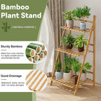 Bamboo Ladder Plant Shelf, 3 Tier Foldable Flower Pot Display Rack, Indoor Outdoor Balcony Decor, Freestanding Plant Organizer for Home Patio Lawn Garden Wooden