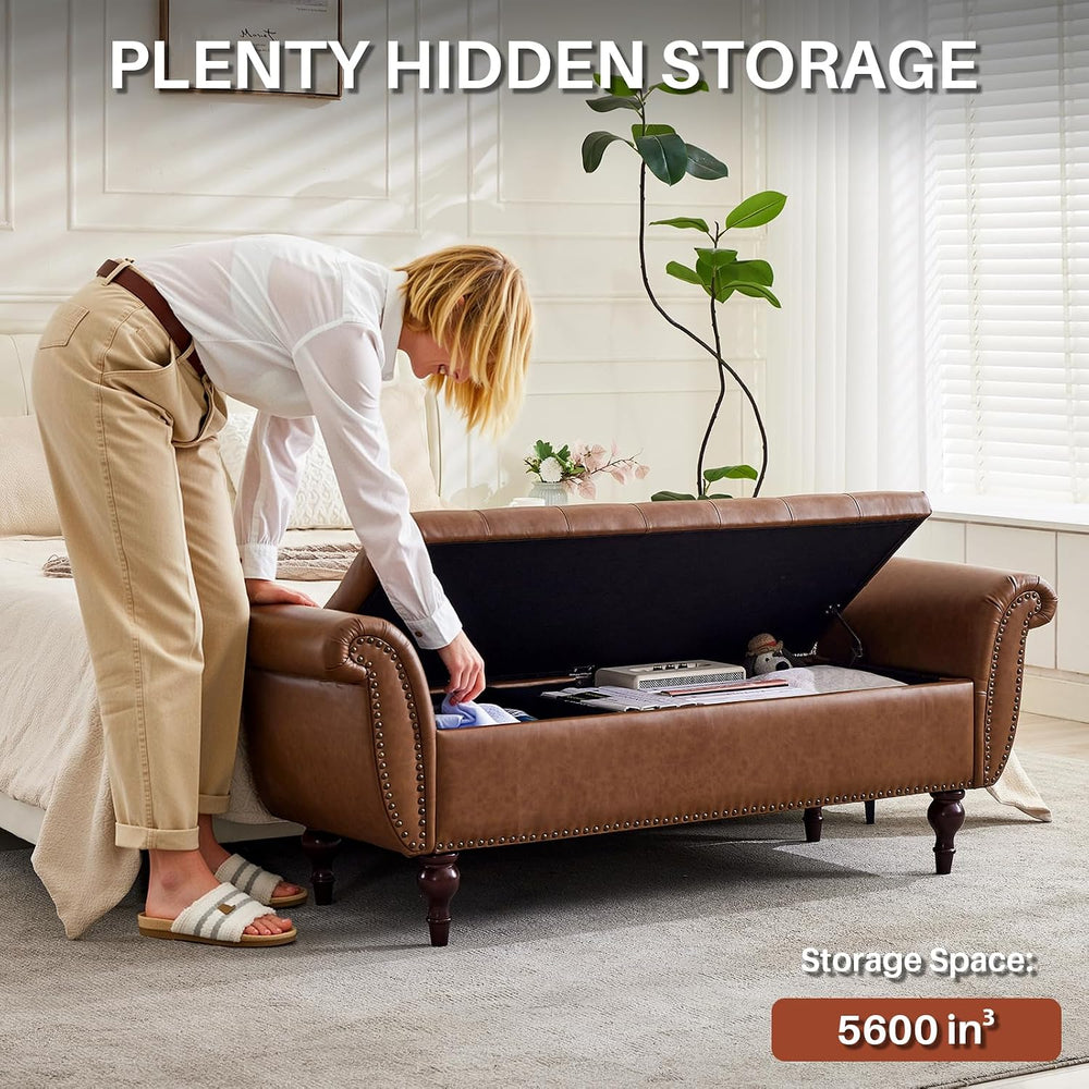 63.78" Inch Storage Bench for Bedroom Faux Leather End of Bed Bench with...