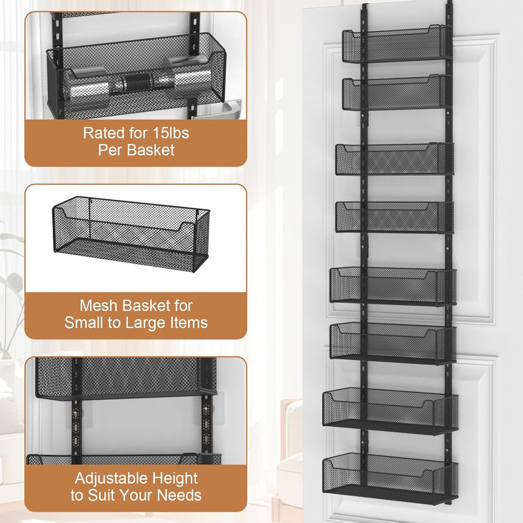 Over The Door Organizer, 8-tier Metal Door Organizer Hanging with Adjustable Baskets, Behind The Door Storage for Bedroom Closet Bathroom Pantry Cabinet Kitchen, Black