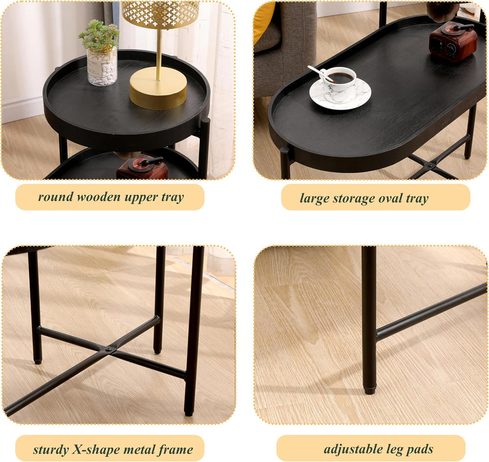 2-Tier Side Table, Metal & Wood Construction with Storage Shelf - Modern ...