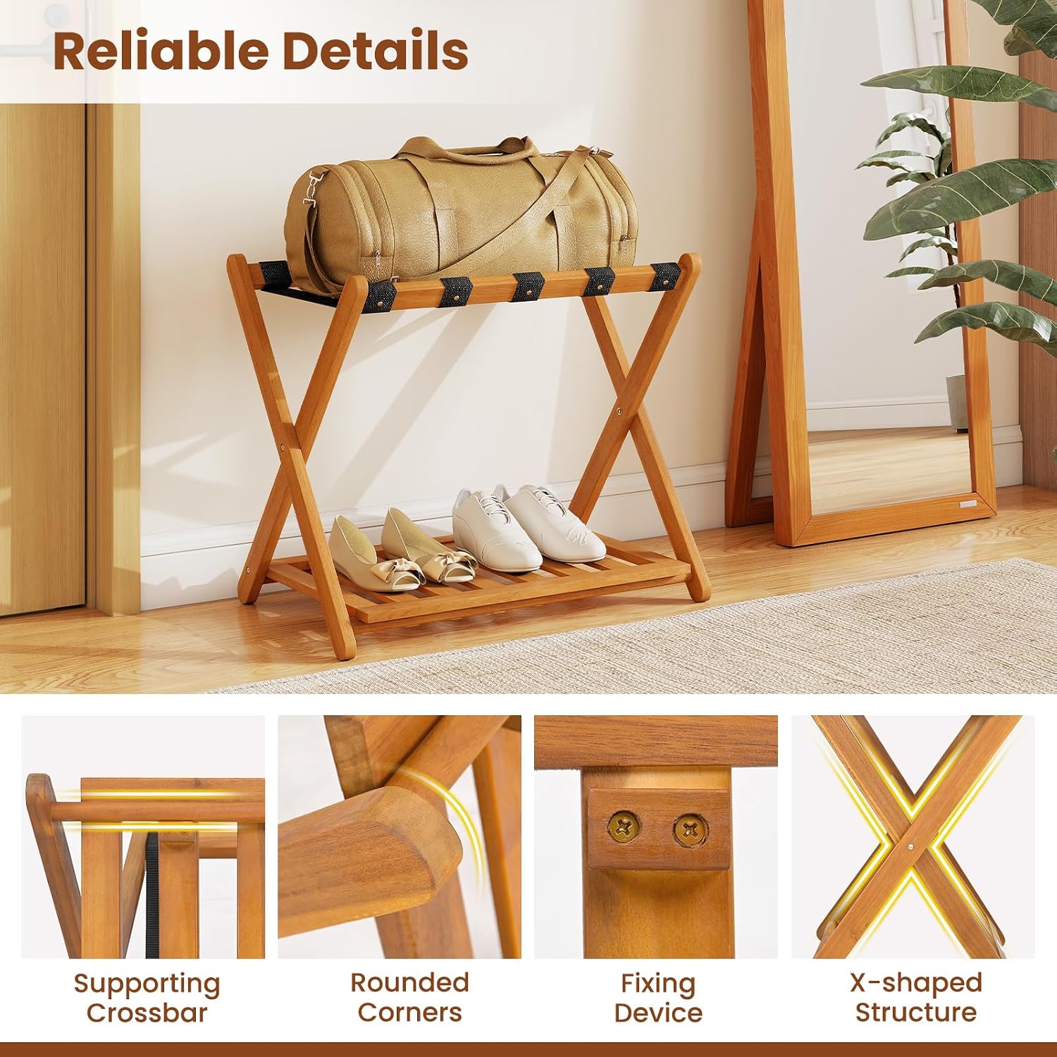 Goplus Luggage Rack for Guest Room Set of 2, Folding Suitcase Stand with Storage Shelf, Acacia Wood Frame & 5 Nylon Straps, Fully Assembled 27" Luggage Stand for Bedroom, Hotel, Holds up to 200 LBS