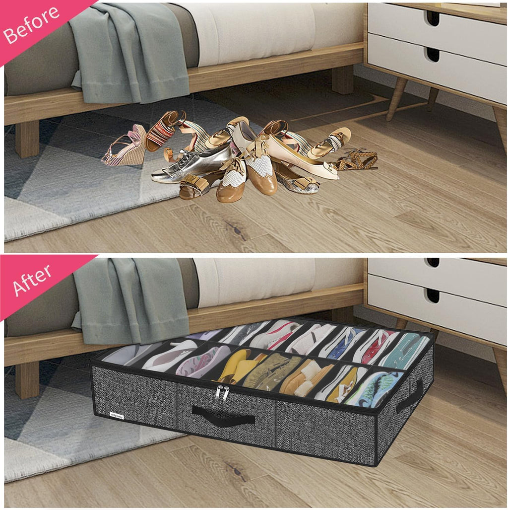 Onlyeasy Sturdy Under Bed Shoe Storage Organizer Fit 8 to 16 Pairs, Collapsible Closet Underbed Shoes Container Bags with Reinforced Handles, 37.7x23.6x5.9in, Linen-like Black, MXAUBS16P1