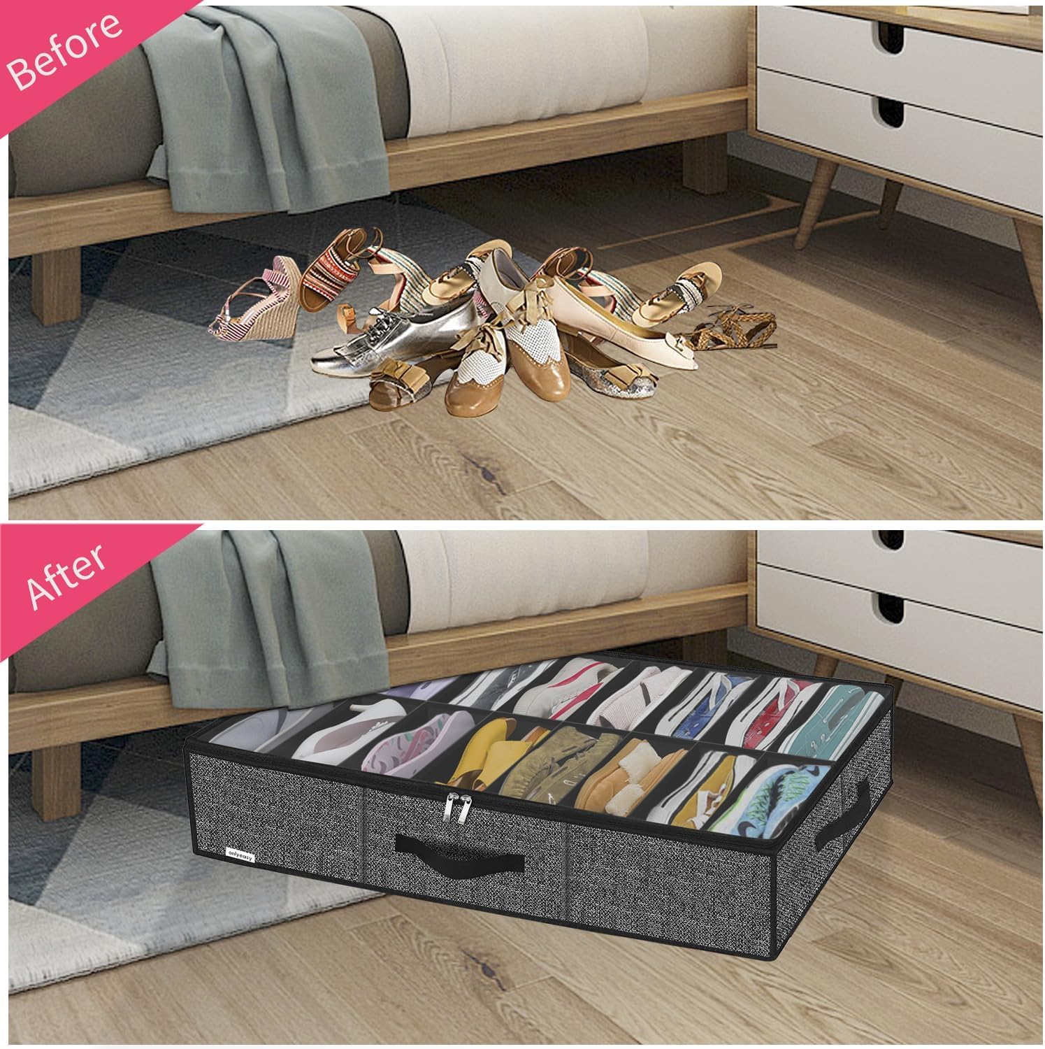 Onlyeasy Sturdy Under Bed Shoe Storage Organizer Fit 8 to 16 Pairs, Collapsible Closet Underbed Shoes Container Bags with Reinforced Handles, 37.7x23.6x5.9in, Linen-like Black, MXAUBS16P1