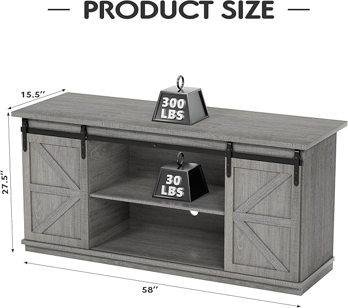 JUMMICO TV Stand for 65 Inch TV, Entertainment Center with Storage Cabinets and Sliding Barn Doors, Mid Century Modern Media TV Console Table for Living Room Bedroom (Pale Gray)