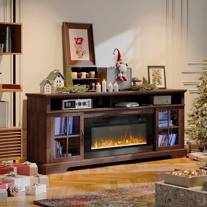 70" Farmhouse TV Stand with 36" Fireplace for TVs up to 80", Media Entertainment Center with Adjustable Shelves and Large Storage Cabinets, for Living Room, Brown & Black