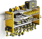 Tomorotec 4-Layer Wall-Mounted Power Tool Storage Rack, Heavy-Duty Steel Drill Organizer with Adjustable Shelves & Side Hooks for Toolbox, Easy Installation Garage & Workshop Storage (Yellow)