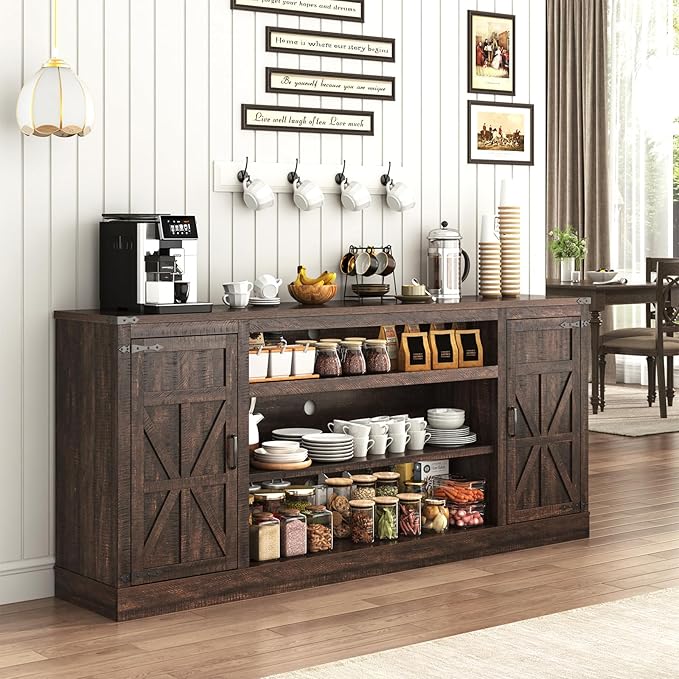 75" Farmhouse TV Stand with Power Outlets for 85 Inch TVs, 33" Tall Entertainment Center with Storage Cabinets w/Adjustable Shelves, Rustic Large TV Media Console, Brown