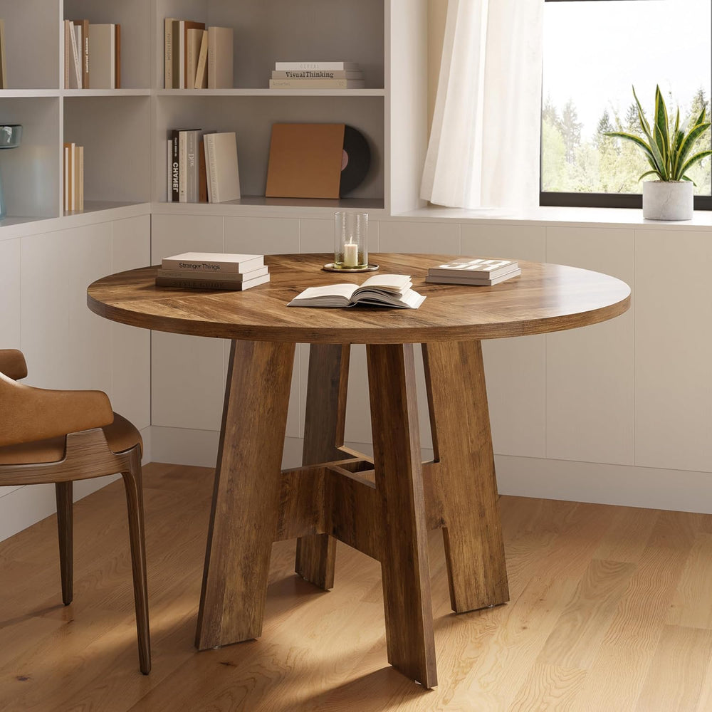 Farmhouse Round Dining Table for 4-6 People, 47" Wood Kitchen Table with...
