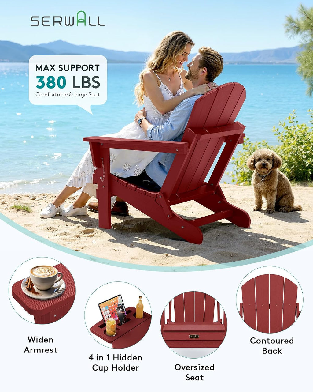 SERWALL Folding Adirondack Chair, 4 in 1 Cup Holder Wood Texture - Red | Outdoor Adirondack Chairs, Plastic Fire Pit Chair with Wood Texture, 4 in 1 Tray, Lawn Chair, Backyard Patio Seating