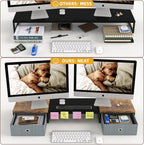 Dual Monitor Stand Riser with 2 Drawers - 39Inch Large Storage Computer Monitor Stands for 2 Monitors, Wooden Desktop Organizer Perfect for Home Office Desk, Computer, Laptop, TV