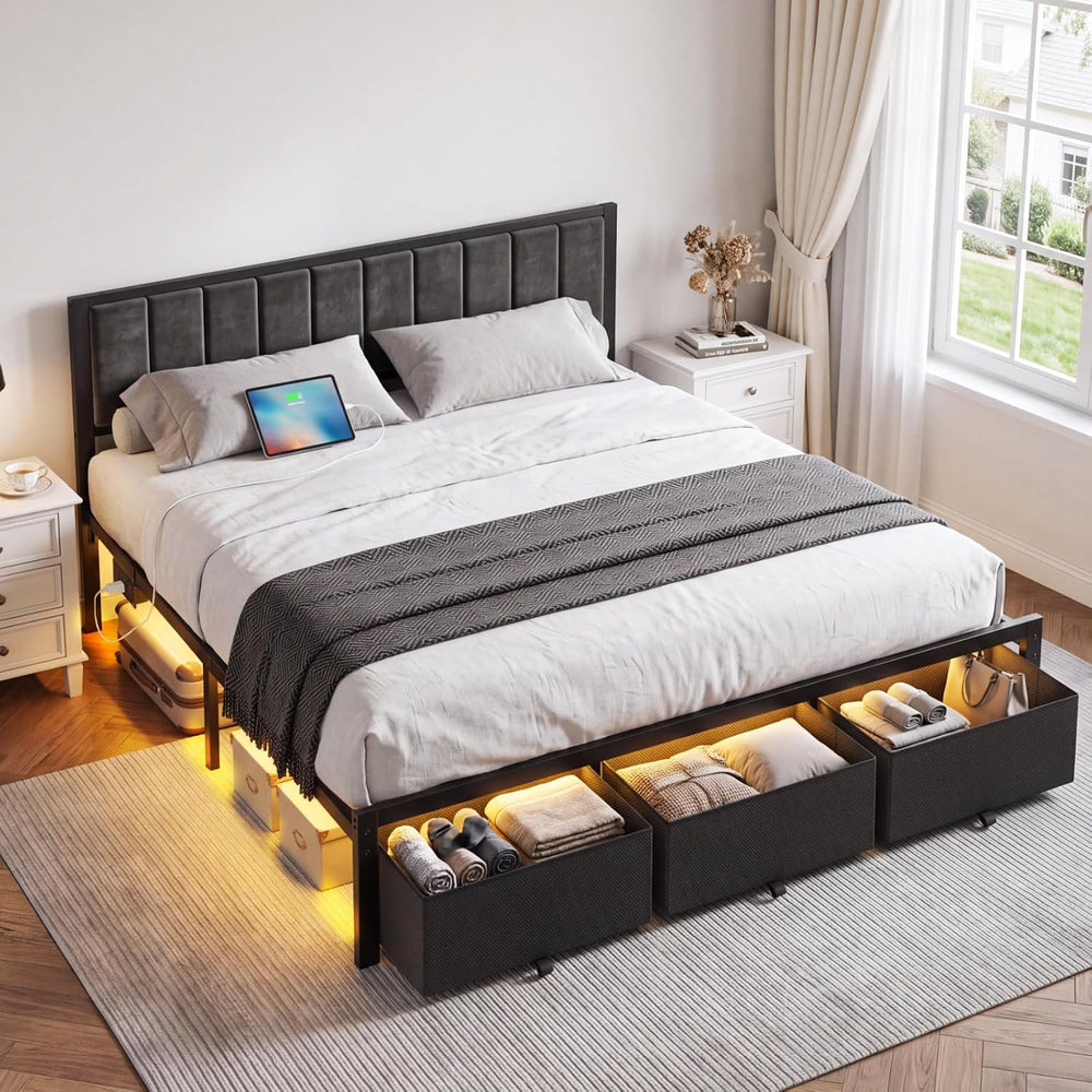 OLEVS King Bed Frame with 3 Drawers, Charging Station & RGB LED Lights