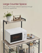 VASAGLE Baker's Rack, Microwave Stand, Kitchen Storage Rack with Wire Basket, 6 Hooks, and Shelves, for Spices, Pots, and Pans, Heather Greige and Ink Black UKKS035B02