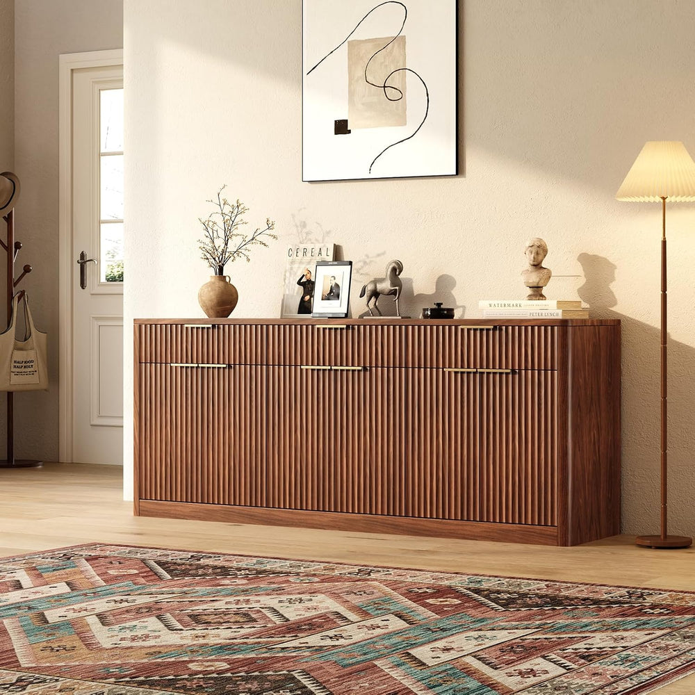 Evermagin 67" Fluted Walnut Sideboard Buffet Cabinet with 3 Drawers, Mod...