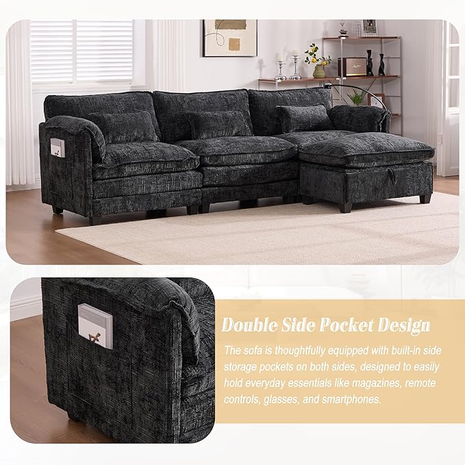Ball & Cast Modular Sectional Sofa,Comfy Cloud Couch with Movable Storage Ottoman,L Shaped Sectional Sofa W/USB Charging Port,Phone Holder and Side Pocket,Chenille Fabric,for Living Room,Black,109"