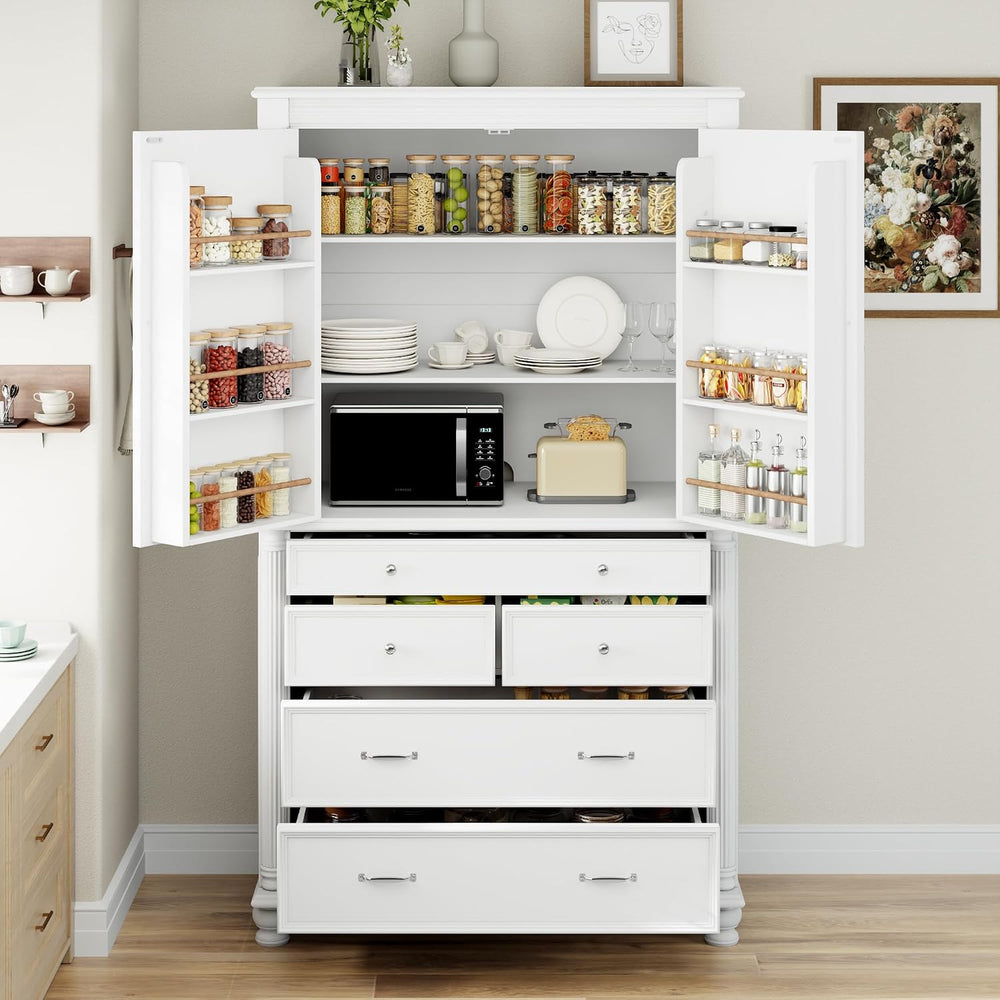Freestanding 77.3" Tall Storage Cabinet, Wooden Pantry，White | Retro Lar...