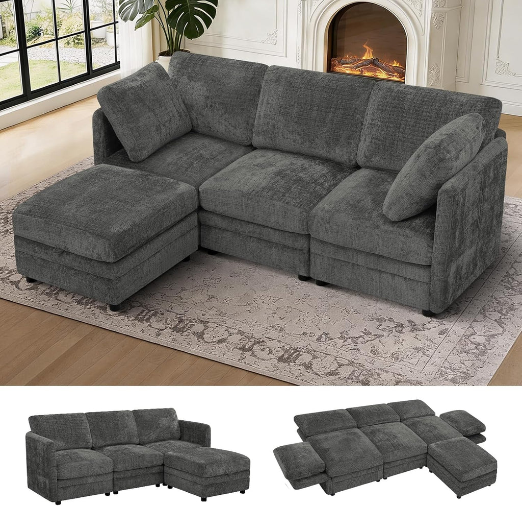 86” 4-Seater Chenille Modular Couch w/Adjustable Backrest, Grey | Upholstered L-Shape Sectional Sofa with Removable Ottoman, Convertible Sleeper Sofa with Storage Seats for Living Room