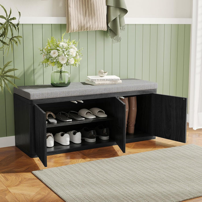 41.3" Fluted Shoe Storage Bench, Entryway Bench with 2" Cushioned Seat, 440lbs Heavy Duty Shoe Cabinet Bench with Adjustable Shelf, Hidden Storage Organizer for Bedroom End of Bed, Black