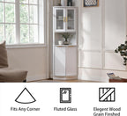 FOREST GRAVITY Modern Corner Storage Cabinet with Fluted Doors | For Kitchen; For Bathroom; Glass Doors; Fluted Design; Large Storage; Pentagon Design; White