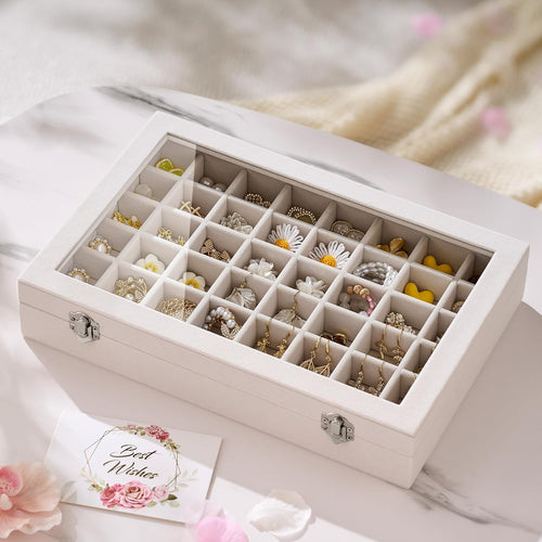 48 Grid Earring Organizer and Storage: Velvet Jewelry Tray with Lid, Jewelry Box for Studs, Earrings, Rings, Necklaces, Dresser & Vanity, Earrings Case for Girls, Women, Beige