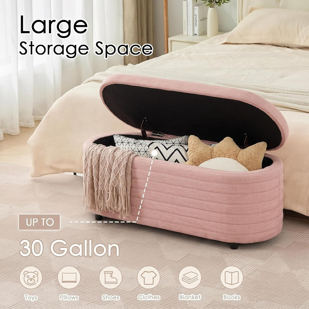 45.5" Modern Storage Ottoman Bench, Pink | Boucle Bench, Linen Fabric, S...