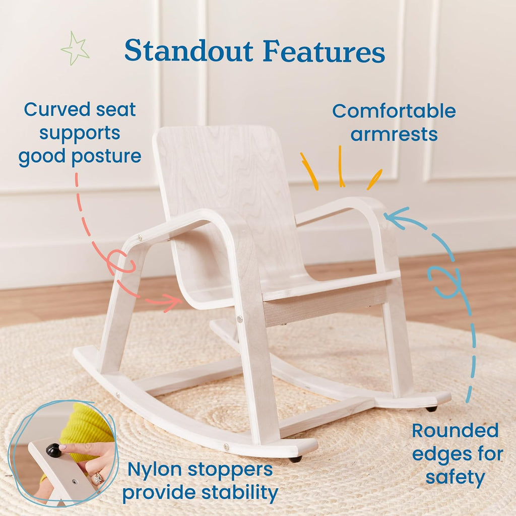 ECR4Kids Bentwood Rocking Chair with Armrests, Montessori, White Wash | Durable birch, GREENGUARD Gold Certified, 2-5 years, 74 lb capacity, comfortable curved seat, nylon glides, classroom/home
