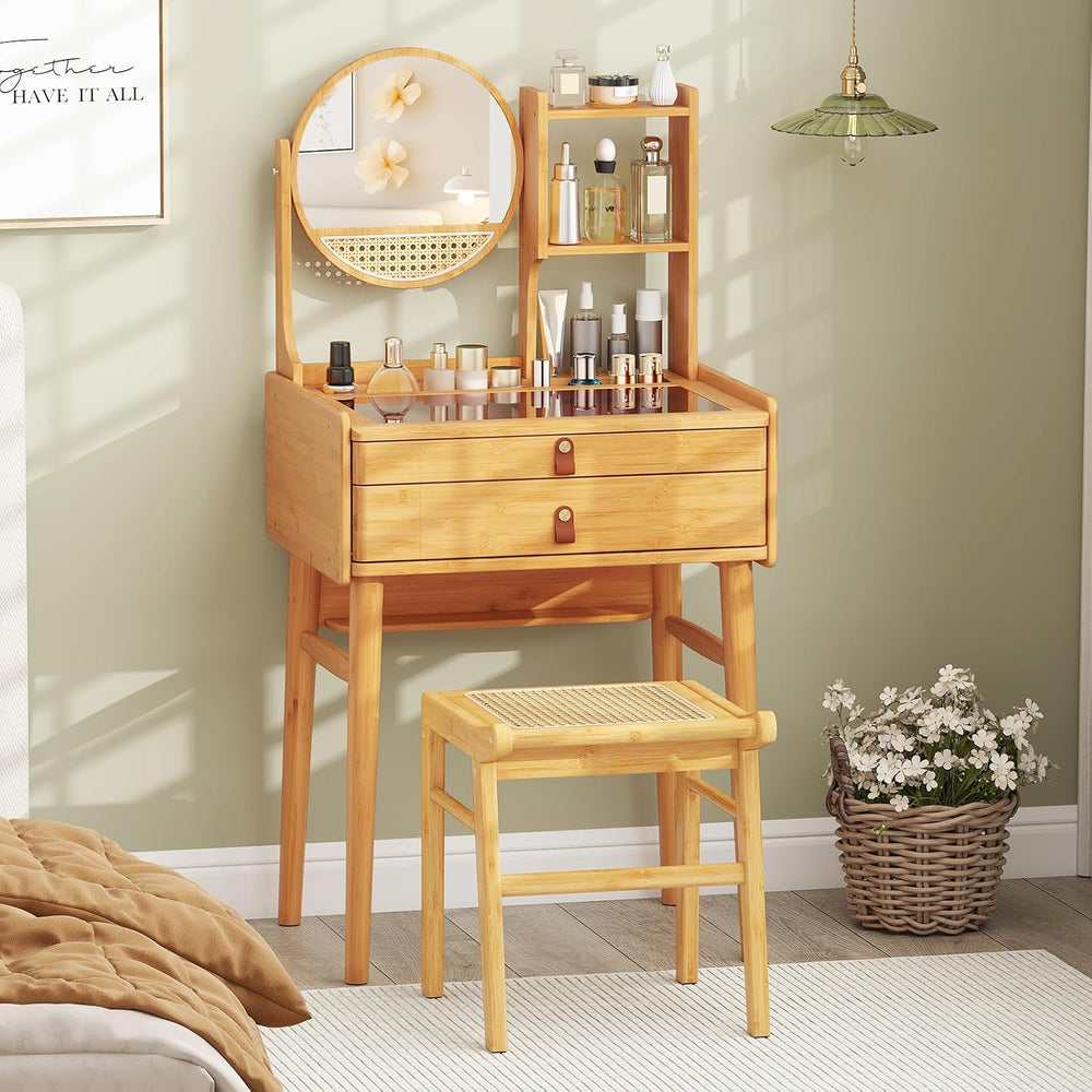 GOFLAME Bamboo Vanity Table with Adjustable Mirror, Small Makeup Vanity with ...