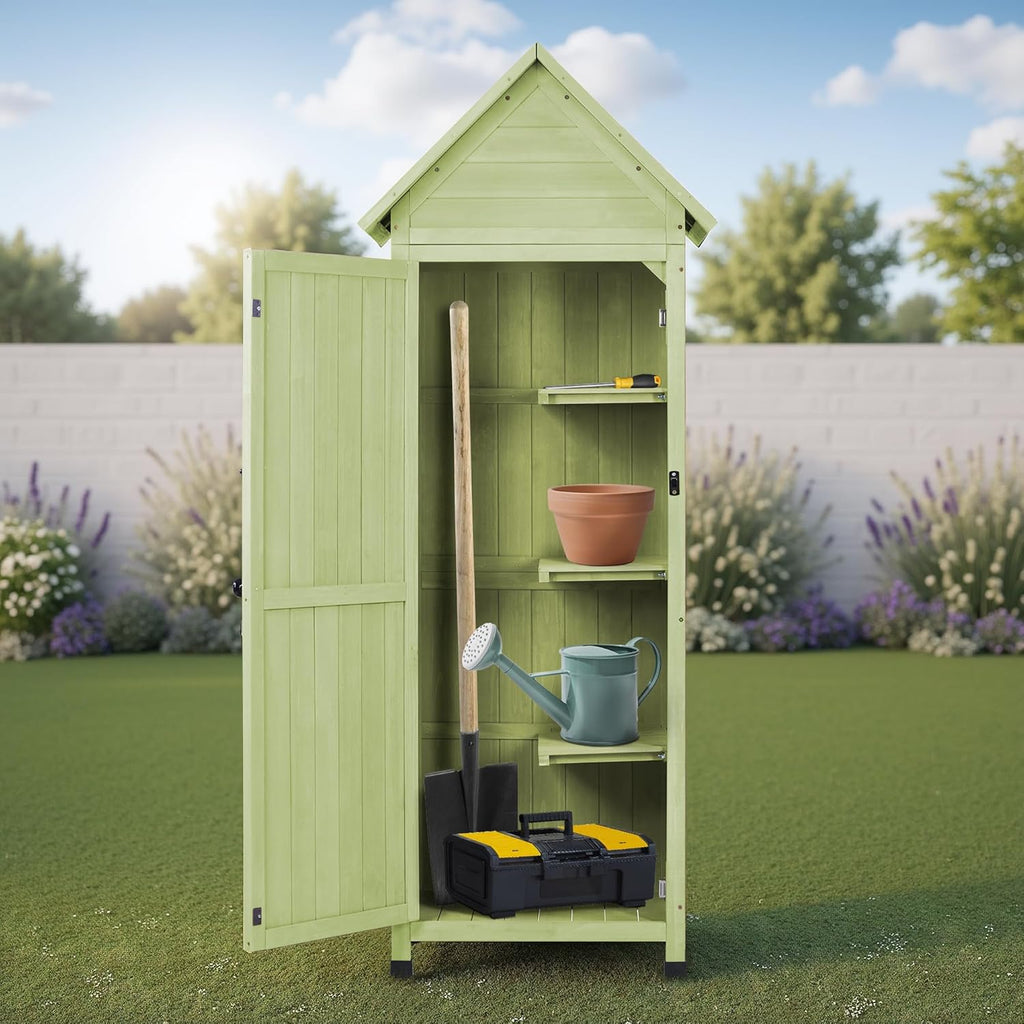 Wooden Outdoor Storage Cabinet,Tall Vertical Garden Tool Shed with Waterproof Metal Roof & Adjustable Feet – Perfect for Yard, Patio, Lawn & Deck (Green, 22" x 26" x 67")