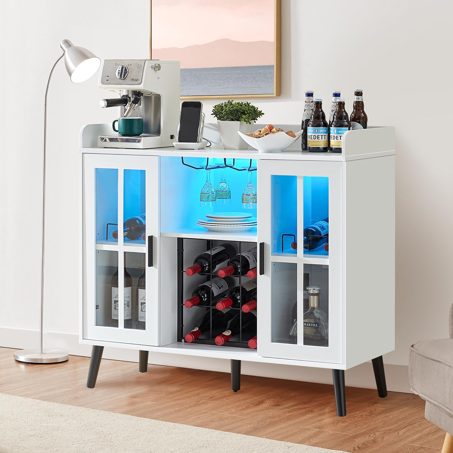 Alaxgumrol Wine Bar Cabinet with LED Light, Coffee Bar Cabinet with Storage and Outlet, Kitchen Buffet Sideboard with Wine Rack and Glass Holder, Modern Liquor Cabinets for Home Dining Room, White