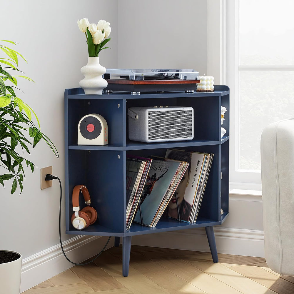 Corner Record Player Stand with Charging Station & USB Ports, 3 Tier Mid ...