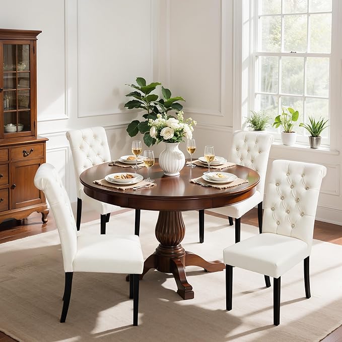 CHUN YI Dining Chairs Set of 4, Button Tufted Upholstered Fabric Dining Room Chairs with Solid Wood Legs and Curved Back, Parsons Side Chairs for Kitchen, Ivory White