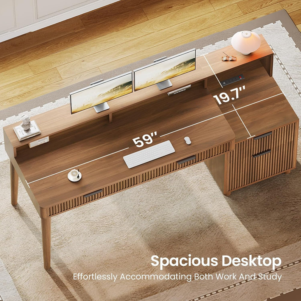 SEDETA Modern Office Desk with 4 Drawers, 59" Fluted Gaming Computer Des...