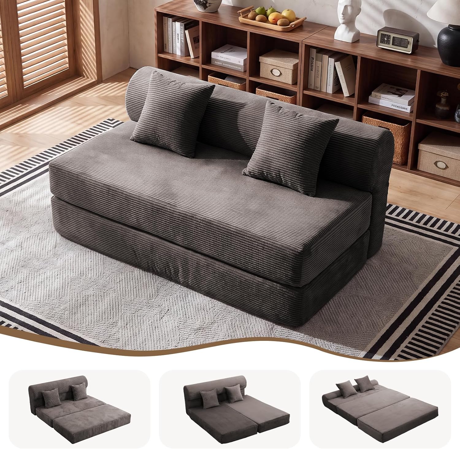 59" Convertible Sofa Bed High Backrest Boneless Couch in a Box,Brown | Washable Corduroy Futon Sofa Bed,Sectional Loveseat Floor Sleeper Sofa for Bedroom,No Assembly Couch for Living Room